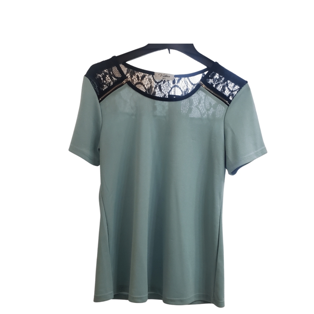 Victoria Collection Women's Light Blue Lace Chiffon Blouse with Zipper Shoulders